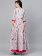 Ahalyaa Women Grey & Pink Floral Printed Layered Beautiful Maxi Dress | Grocsy