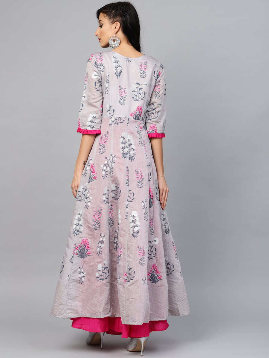 Ahalyaa Women Grey & Pink Floral Printed Layered Beautiful Maxi Dress | Grocsy