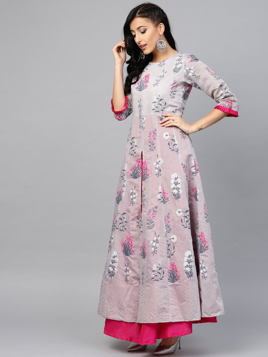 Ahalyaa Women Grey & Pink Floral Printed Layered Beautiful Maxi Dress | Grocsy