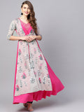 Ahalyaa Grey & Pink Floral Print Layered Anarkali Kurta | Grocsy