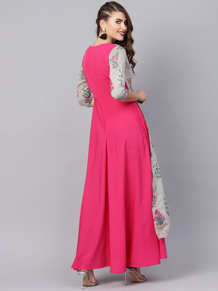 Ahalyaa Grey & Pink Floral Print Layered Anarkali Kurta | Grocsy