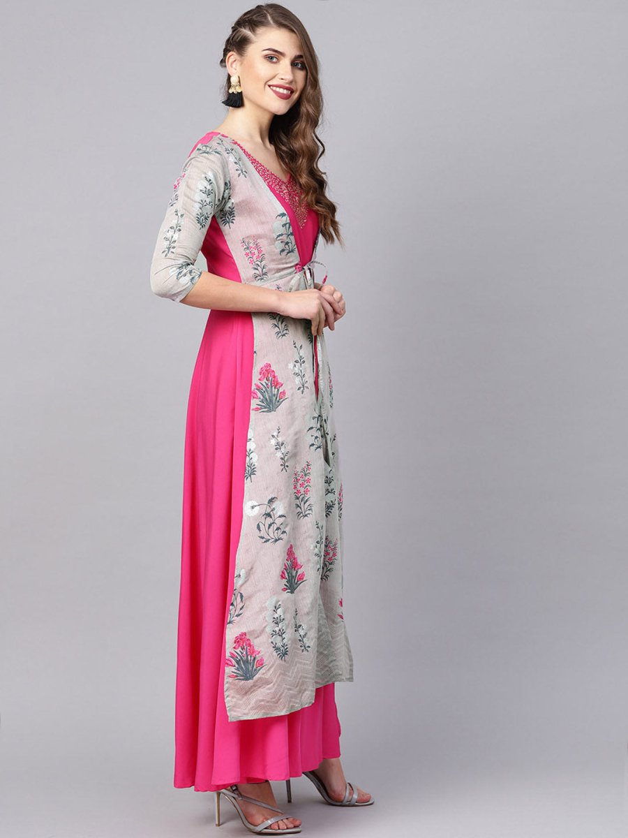 Ahalyaa Grey & Pink Floral Print Layered Anarkali Kurta | Grocsy