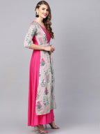 Ahalyaa Grey & Pink Floral Print Layered Anarkali Kurta | Grocsy