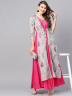 Ahalyaa Grey & Pink Floral Print Layered Anarkali Kurta | Grocsy