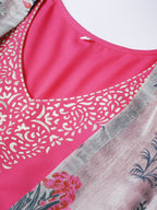 Ahalyaa Grey & Pink Floral Print Layered Anarkali Kurta | Grocsy