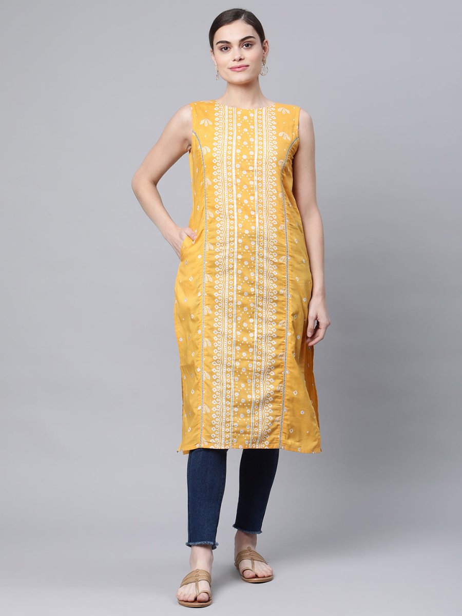 Ahalyaa Women's Mustard Pure Cotton Printed Kurta | Grocsy
