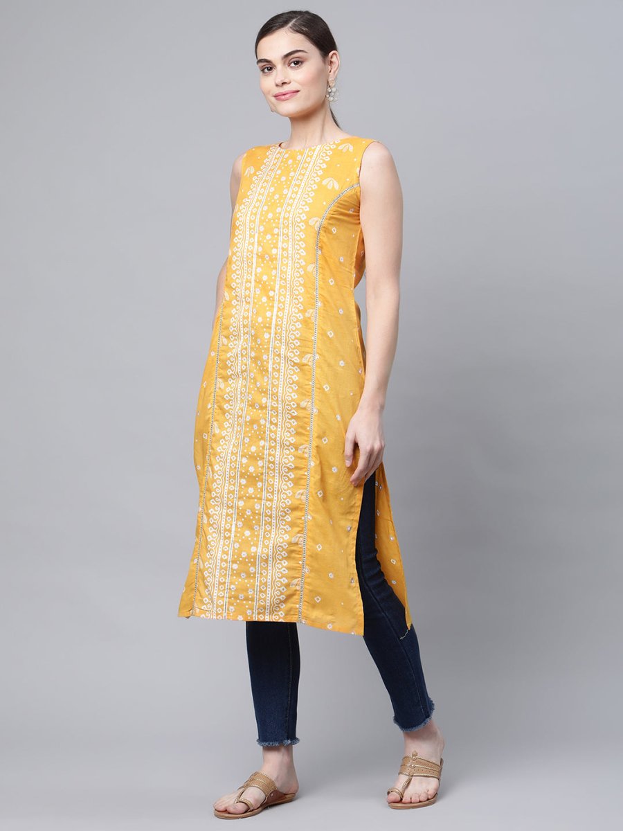Ahalyaa Women's Mustard Pure Cotton Printed Kurta | Grocsy