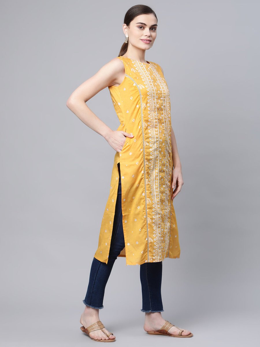 Ahalyaa Women's Mustard Pure Cotton Printed Kurta | Grocsy