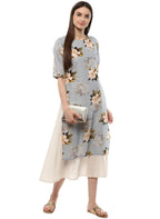 Ahalyaa Ash Blue & Cream Floral Cotton Blend Double Layered Summer Kurta Dress | Grocsy