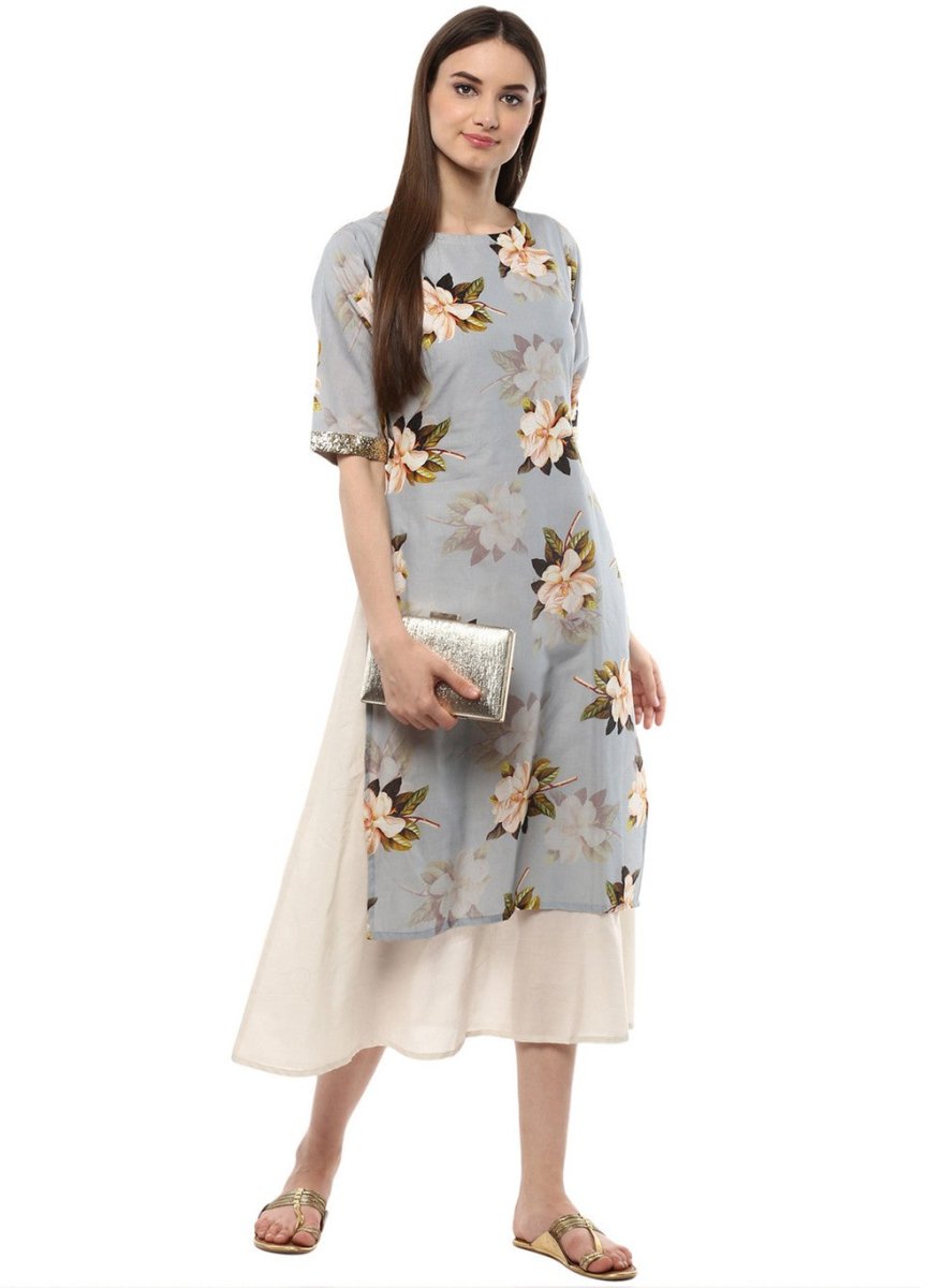 Ahalyaa Ash Blue & Cream Floral Cotton Blend Double Layered Summer Kurta Dress | Grocsy