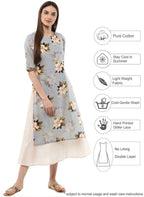 Ahalyaa Ash Blue & Cream Floral Cotton Blend Double Layered Summer Kurta Dress | Grocsy