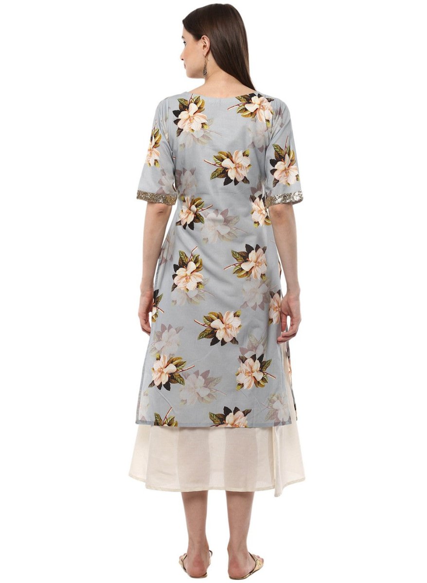 Ahalyaa Ash Blue & Cream Floral Cotton Blend Double Layered Summer Kurta Dress | Grocsy