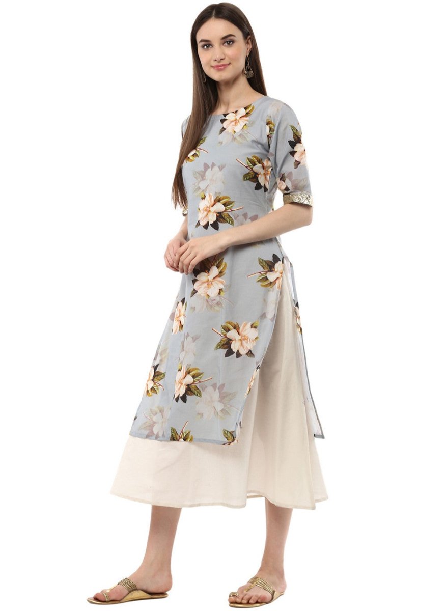Ahalyaa Ash Blue & Cream Floral Cotton Blend Double Layered Summer Kurta Dress | Grocsy