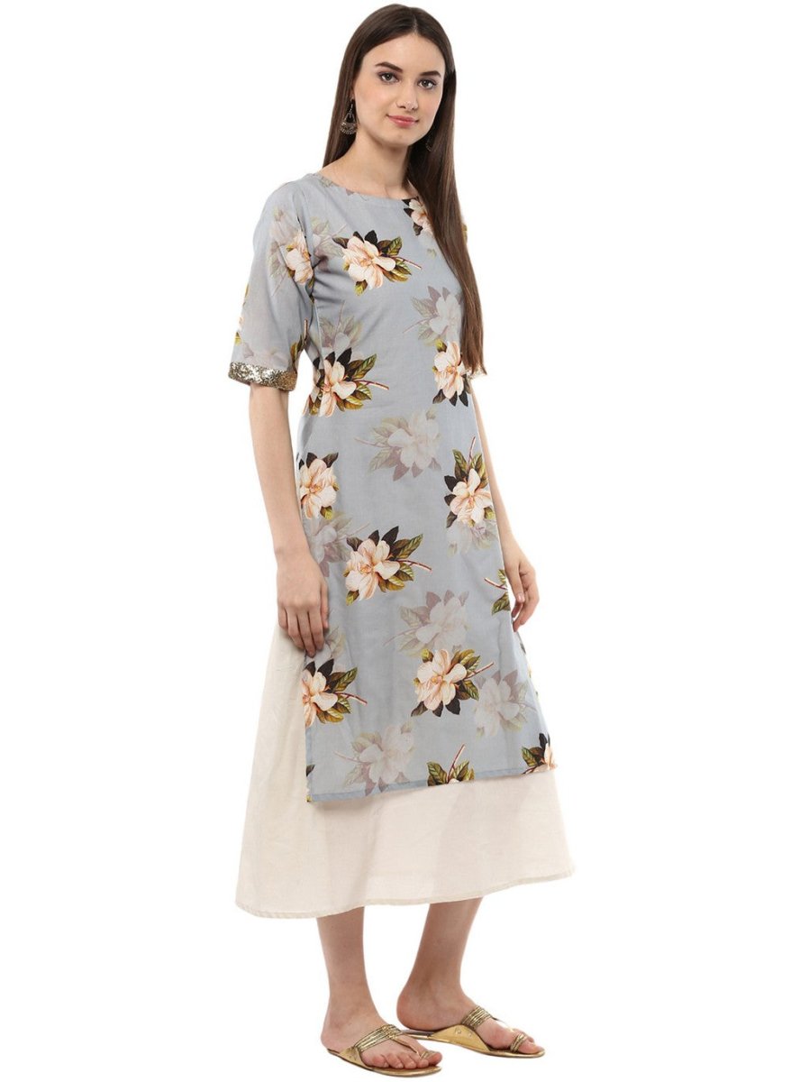 Ahalyaa Ash Blue & Cream Floral Cotton Blend Double Layered Summer Kurta Dress | Grocsy