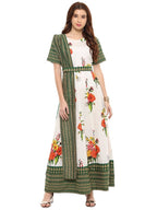 Ahalyaa Cotton Floral Attached Dupatta With Belt Flared Kurta | Grocsy