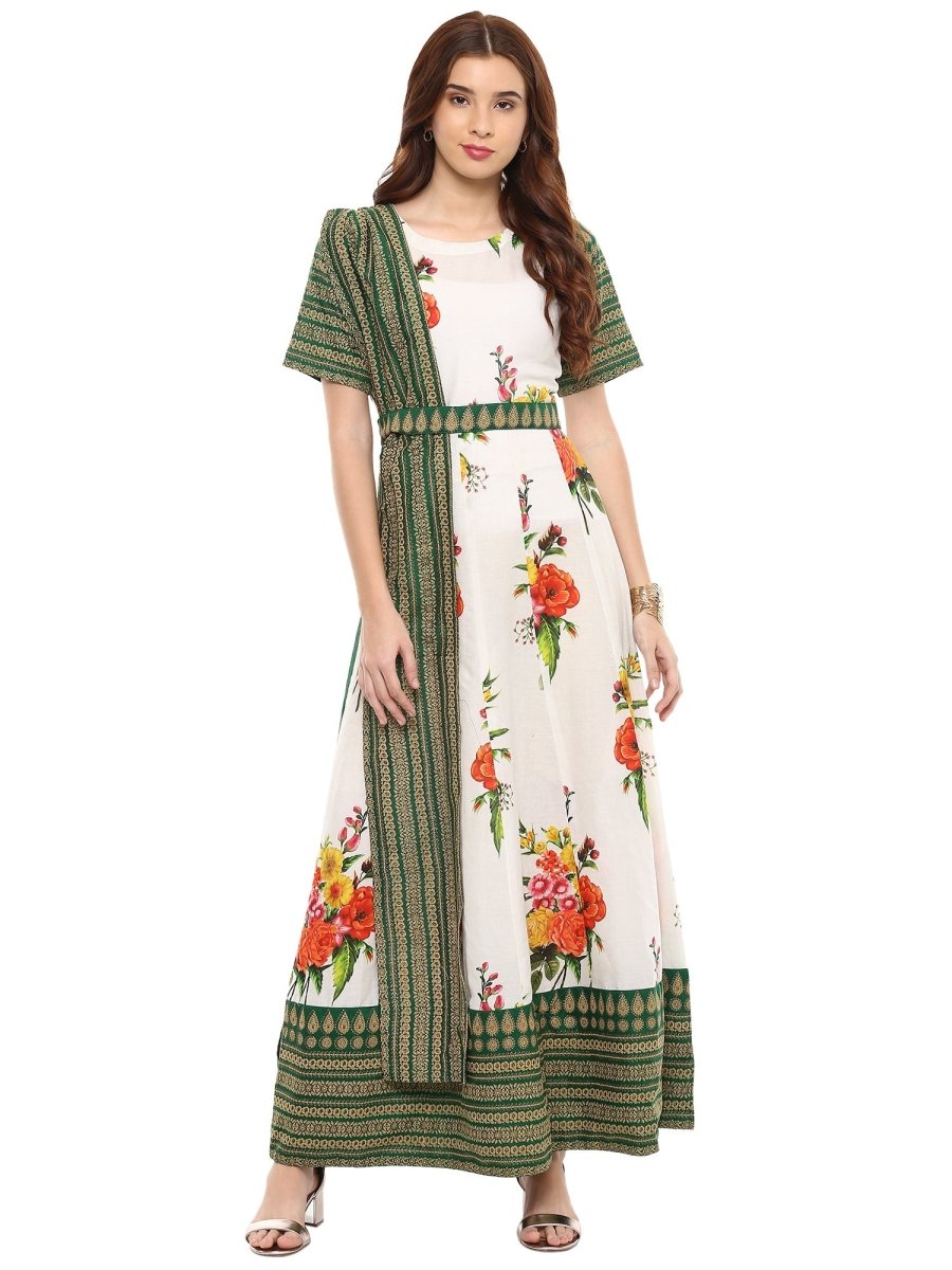 Ahalyaa Cotton Floral Attached Dupatta With Belt Flared Kurta | Grocsy