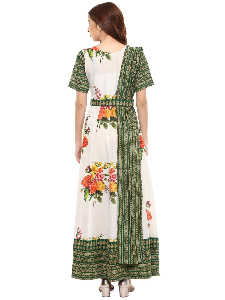 Ahalyaa Cotton Floral Attached Dupatta With Belt Flared Kurta | Grocsy