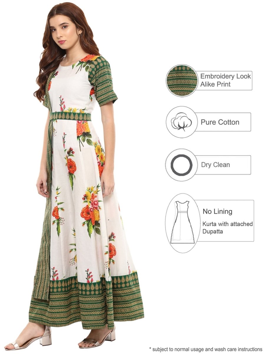 Ahalyaa Cotton Floral Attached Dupatta With Belt Flared Kurta | Grocsy