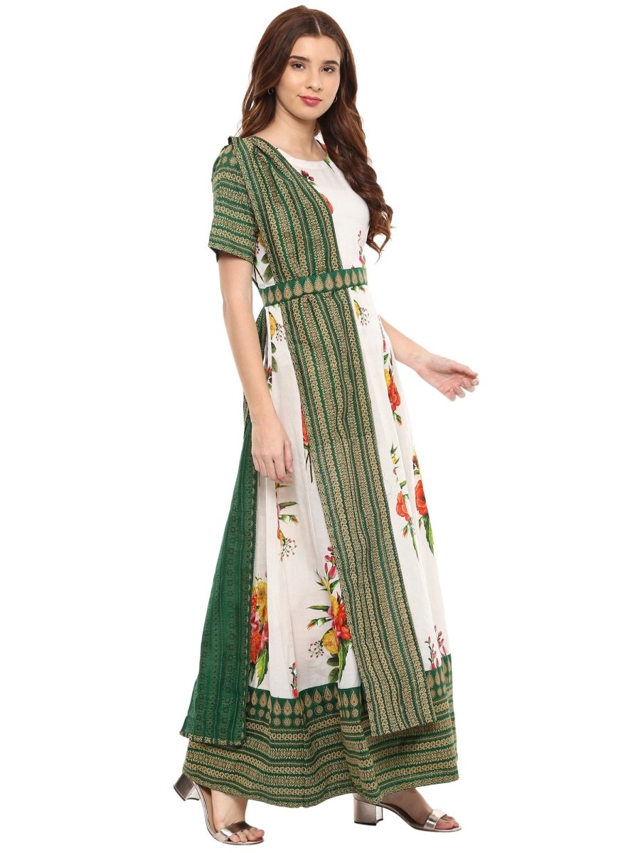 Ahalyaa Cotton Floral Attached Dupatta With Belt Flared Kurta | Grocsy