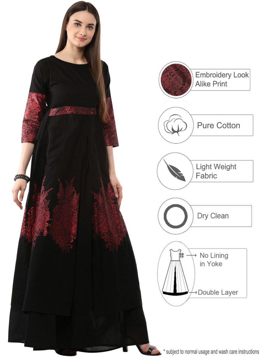 Ahalyaa Black & Red Cotton Blend Floor Length Anarkali Kurta Dress | Grocsy