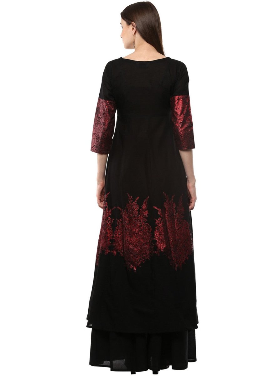 Ahalyaa Black & Red Cotton Blend Floor Length Anarkali Kurta Dress | Grocsy
