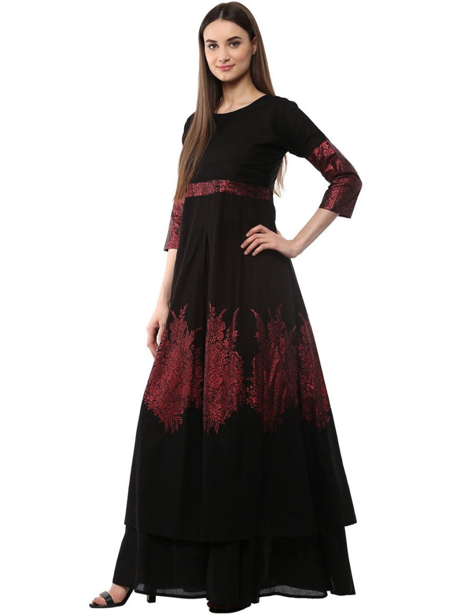 Ahalyaa Black & Red Cotton Blend Floor Length Anarkali Kurta Dress | Grocsy