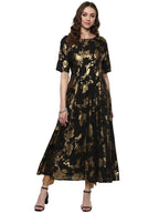 Ahalyaa Black Floor Length Cotton Blend Anarkali With Gold Print | Grocsy