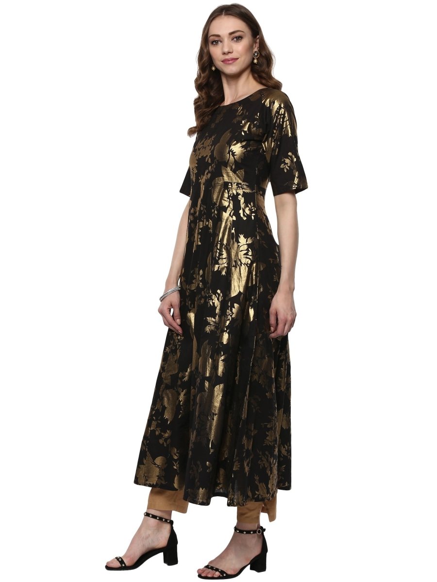 Ahalyaa Black Floor Length Cotton Blend Anarkali With Gold Print | Grocsy