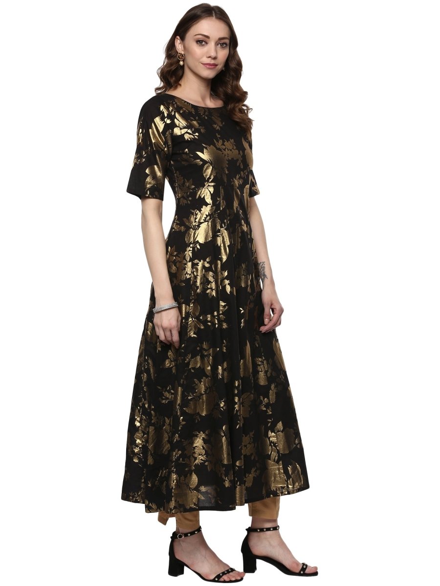 Ahalyaa Black Floor Length Cotton Blend Anarkali With Gold Print | Grocsy