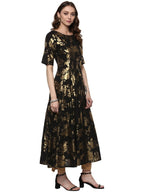 Ahalyaa Black Floor Length Cotton Blend Anarkali With Gold Print | Grocsy