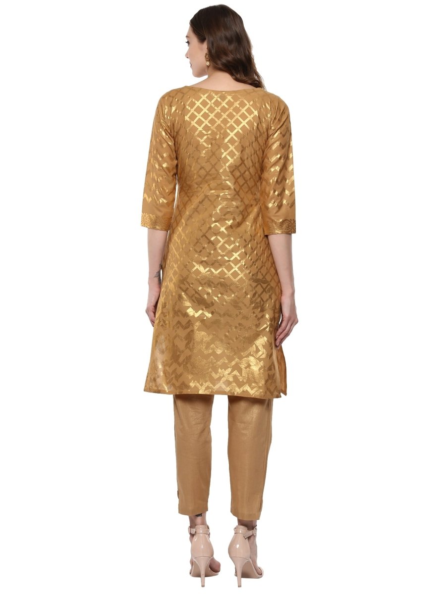 Ahalyaa Short Beige Cotton Blend Kurta With Metallic Gold Chevron Print | Grocsy