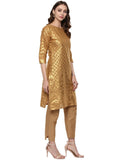 Ahalyaa Short Beige Cotton Blend Kurta With Metallic Gold Chevron Print | Grocsy
