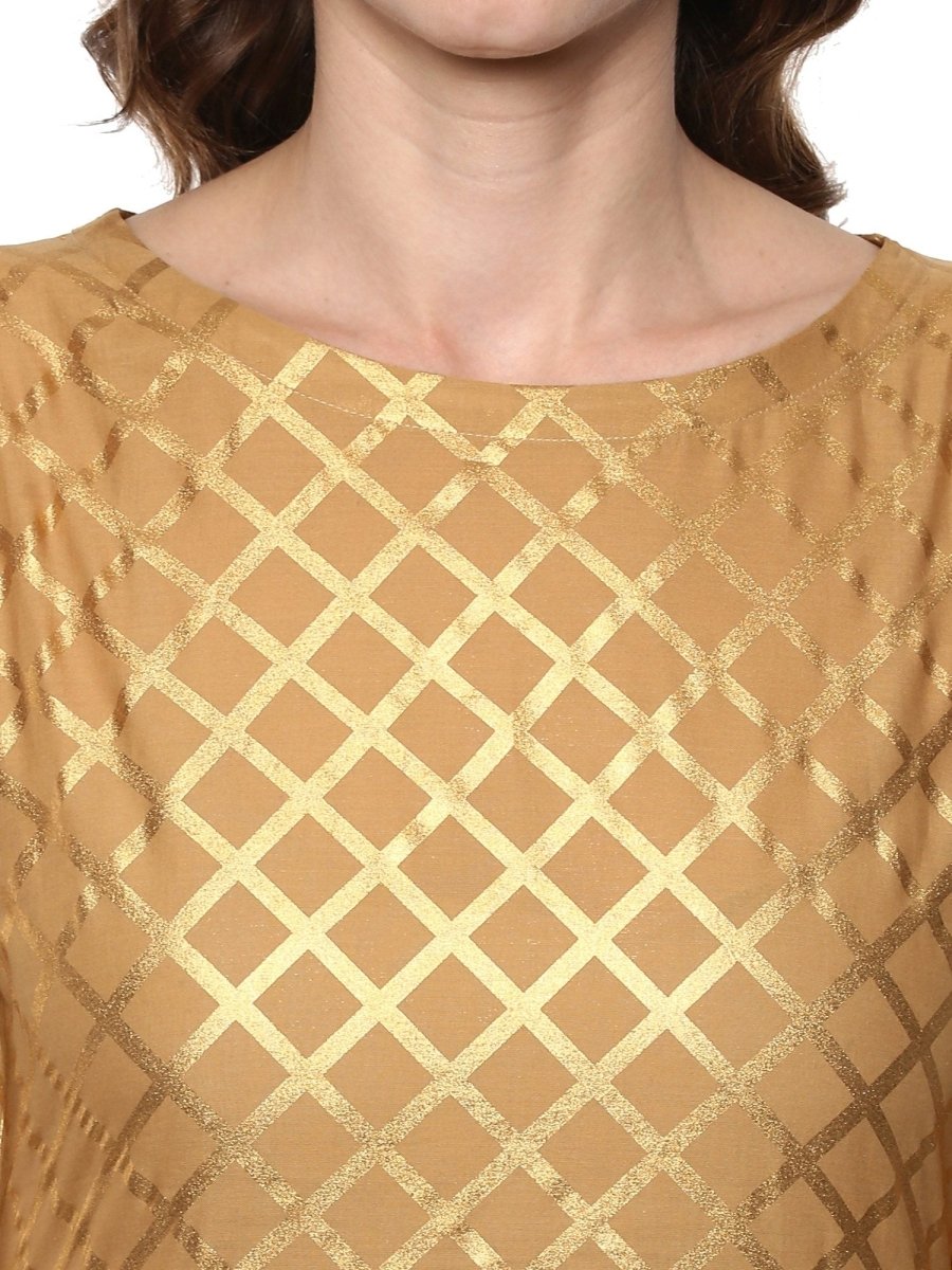Ahalyaa Short Beige Cotton Blend Kurta With Metallic Gold Chevron Print | Grocsy
