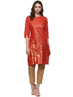 Ahalyaa Fiery Red Cotton Blend Kurta With Metallic Gold Print | Grocsy
