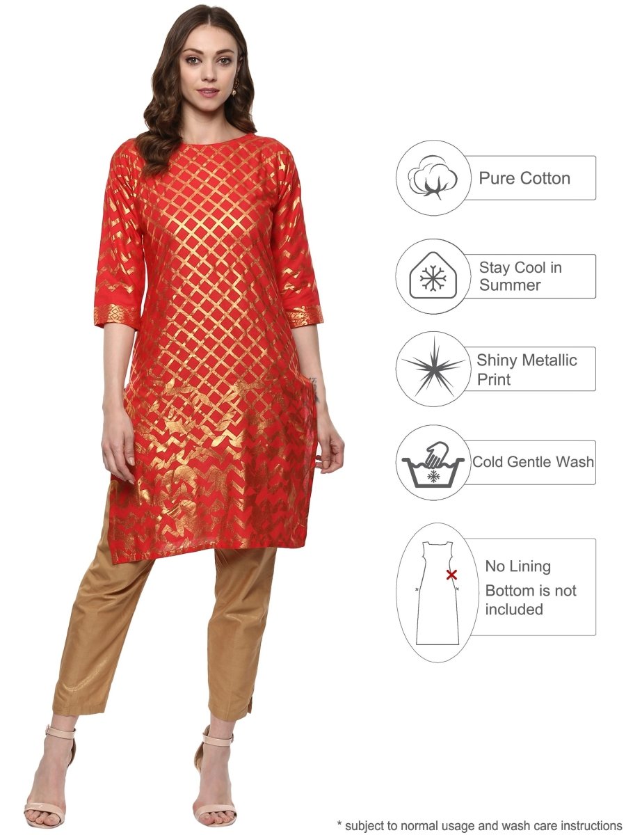 Ahalyaa Fiery Red Cotton Blend Kurta With Metallic Gold Print | Grocsy