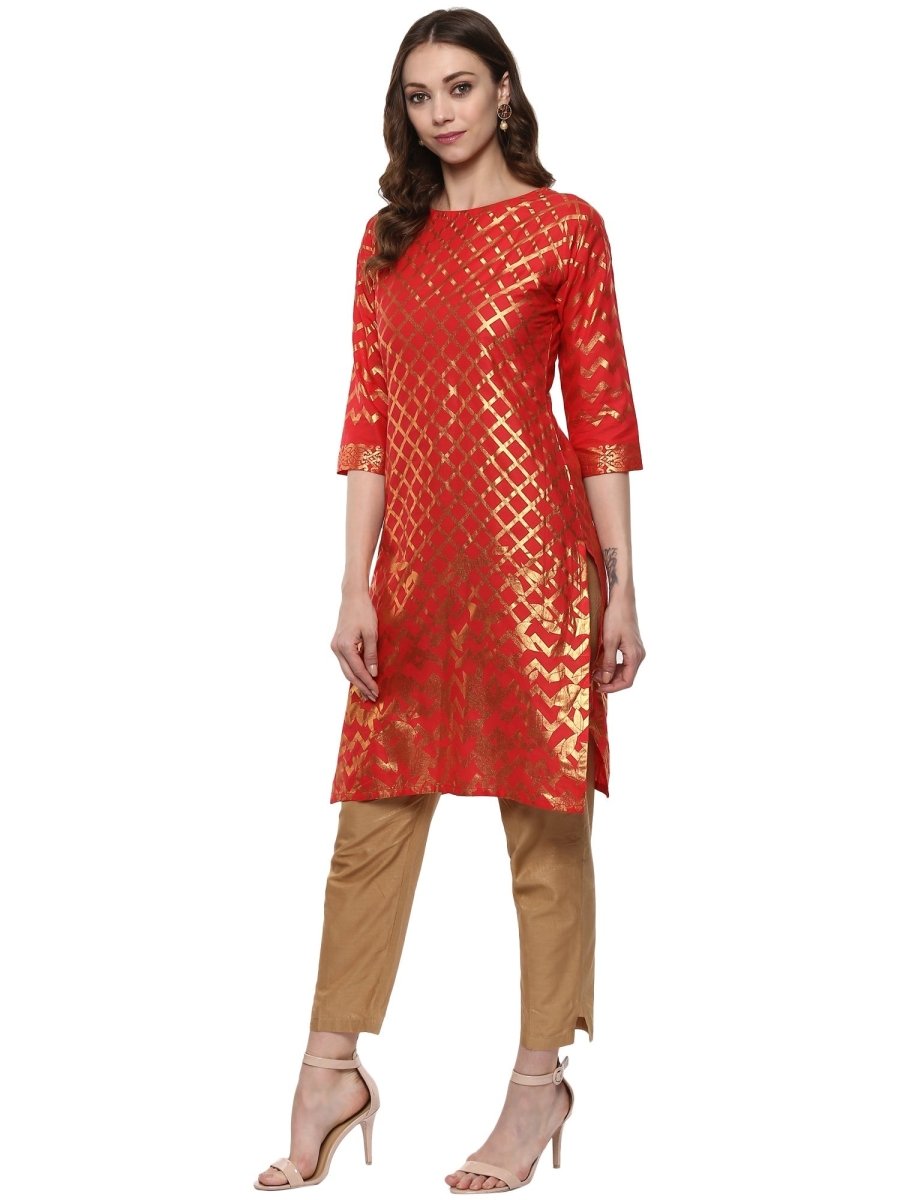 Ahalyaa Fiery Red Cotton Blend Kurta With Metallic Gold Print | Grocsy