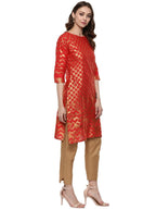 Ahalyaa Fiery Red Cotton Blend Kurta With Metallic Gold Print | Grocsy