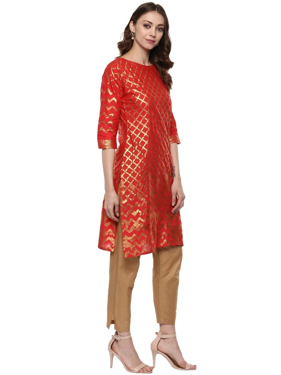 Ahalyaa Fiery Red Cotton Blend Kurta With Metallic Gold Print | Grocsy