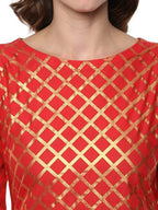 Ahalyaa Fiery Red Cotton Blend Kurta With Metallic Gold Print | Grocsy