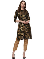 Ahalyaa Women Classic Black Cotton Blend Short Kurta with Metallic Print | Grocsy
