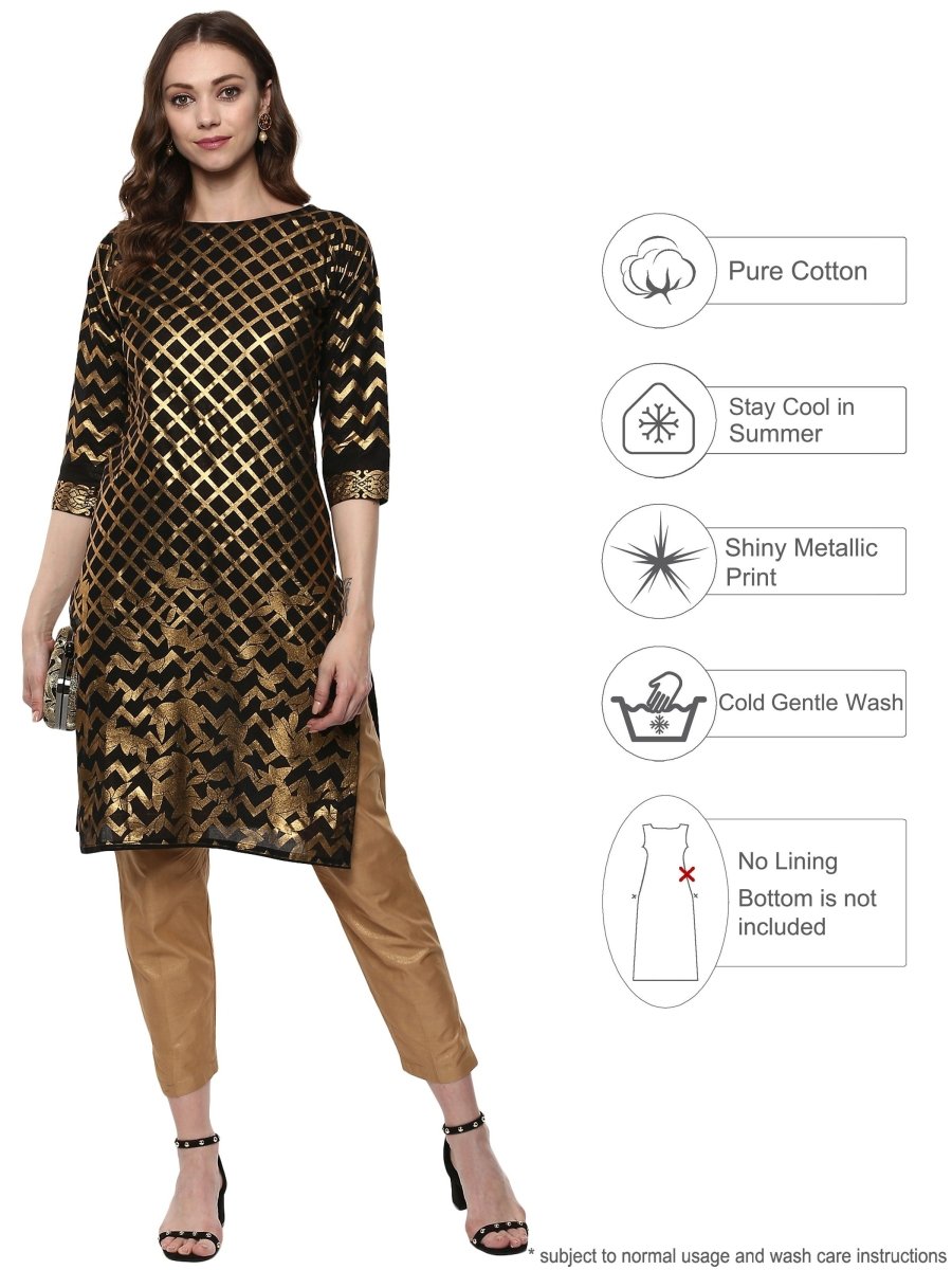 Ahalyaa Women Classic Black Cotton Blend Short Kurta with Metallic Print | Grocsy