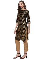Ahalyaa Women Classic Black Cotton Blend Short Kurta with Metallic Print | Grocsy