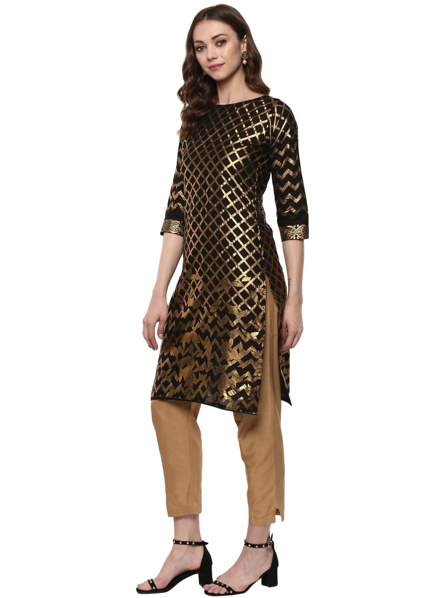 Ahalyaa Women Classic Black Cotton Blend Short Kurta with Metallic Print | Grocsy
