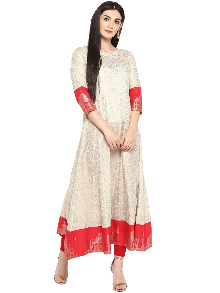 Ahalyaa Off White & Red Gold Printed Anarkali | Grocsy