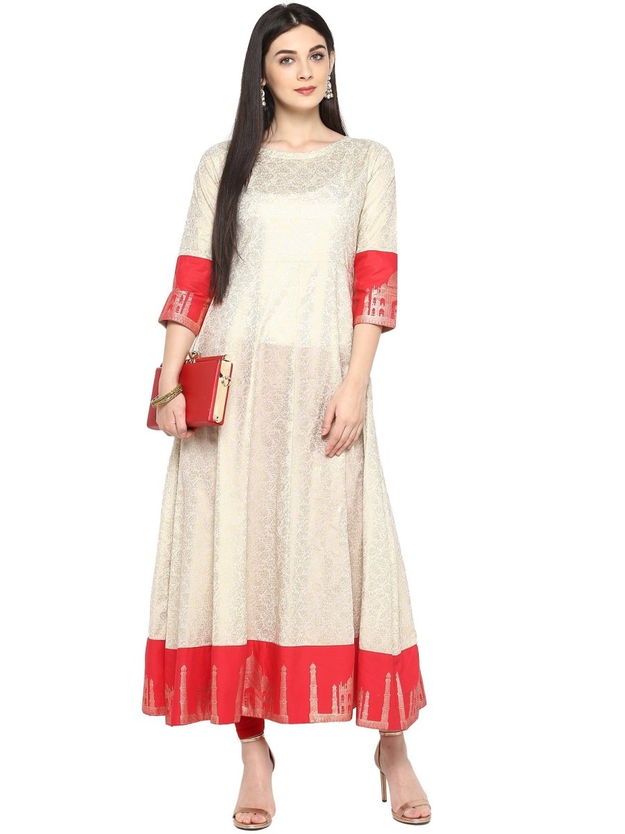 Ahalyaa Off White & Red Gold Printed Anarkali | Grocsy