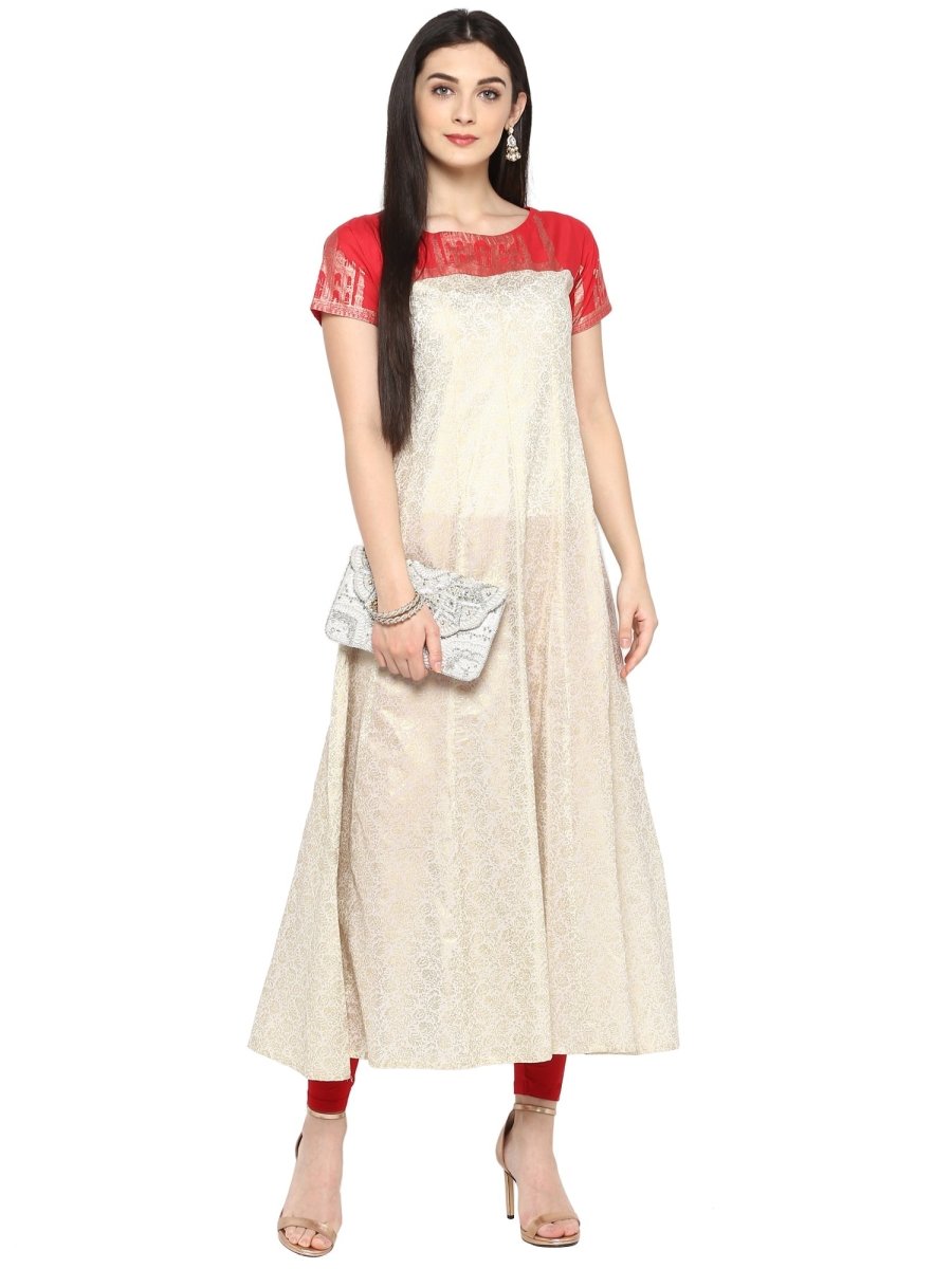 Ahalyaa Red & Off White Metallic Print Beautiful Anarkali Kurta | Grocsy