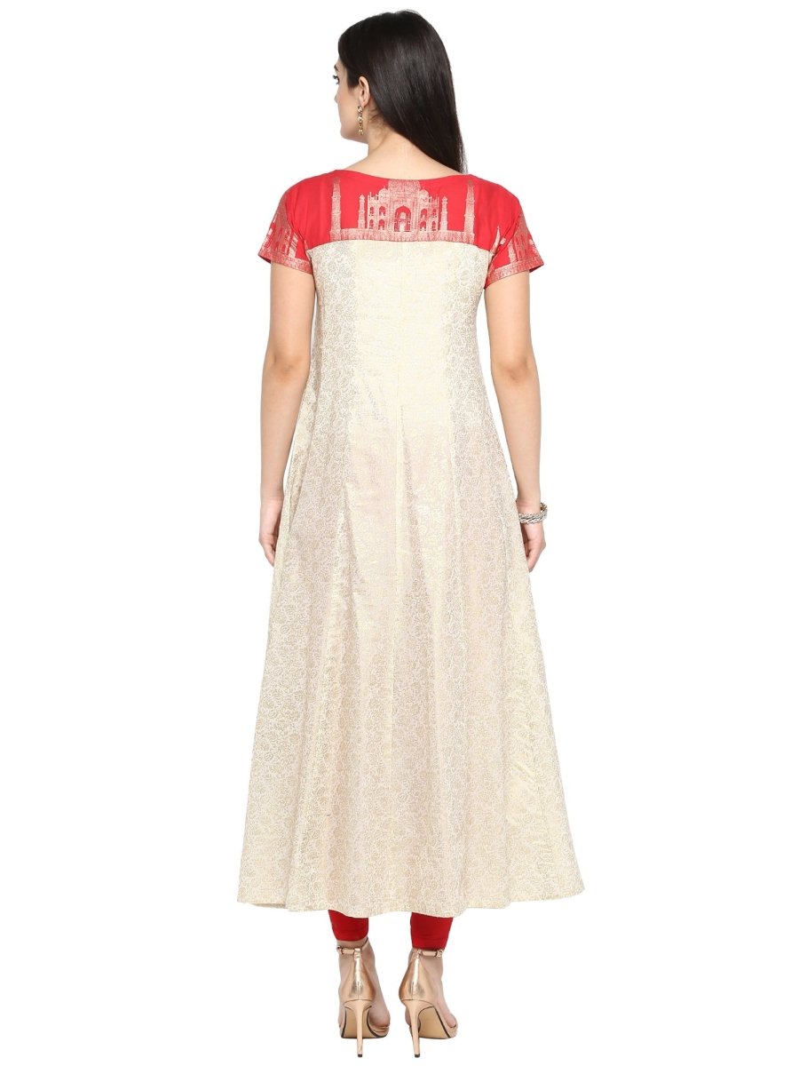 Ahalyaa Red & Off White Metallic Print Beautiful Anarkali Kurta | Grocsy