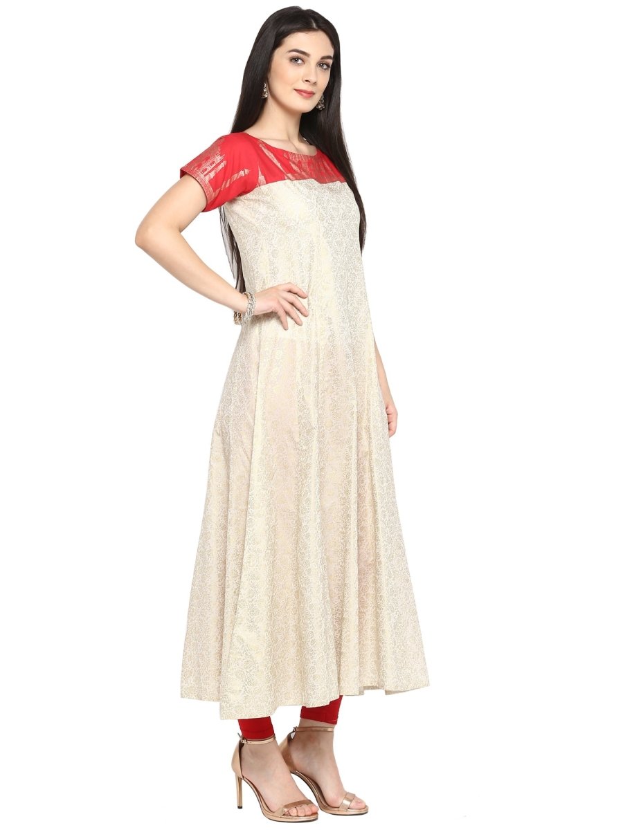 Ahalyaa Red & Off White Metallic Print Beautiful Anarkali Kurta | Grocsy