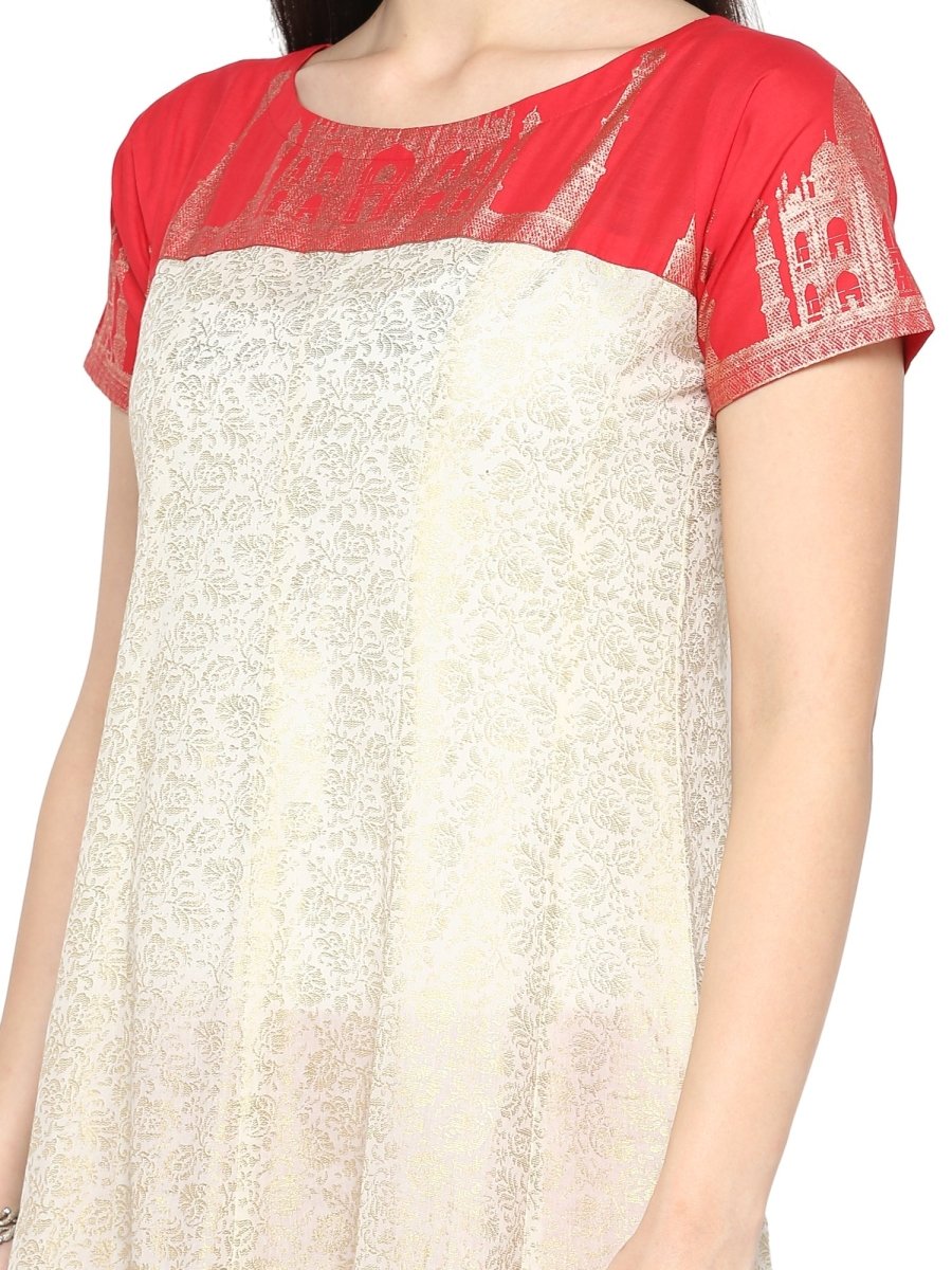 Ahalyaa Red & Off White Metallic Print Beautiful Anarkali Kurta | Grocsy