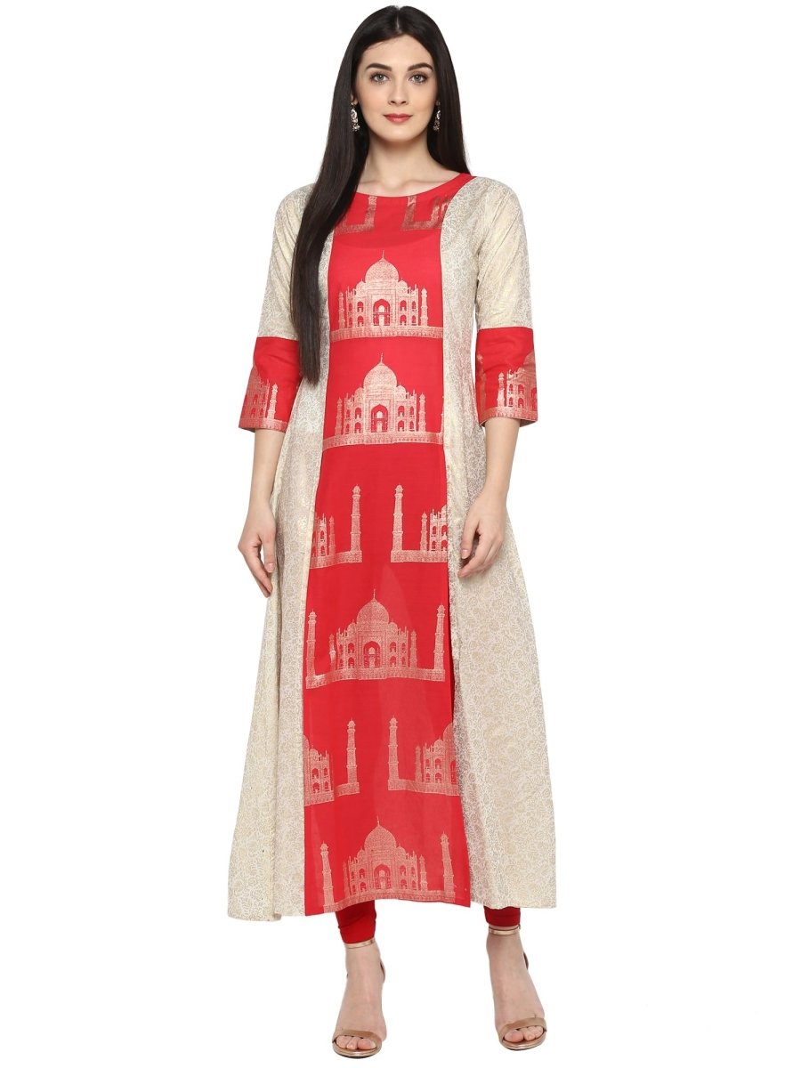 Ahalyaa Taj Mahal Print and Brocade Look Off White & Red Kurta | Grocsy